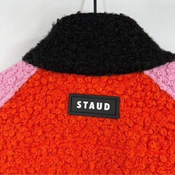 STAUD Scrabble Patchwork Effect Color Block Coat Jacket Size XS Rosebud Poppy - Picture 7 of 10